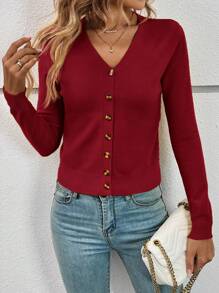 SHEIN Frenchy Áo khoác cardigan cài nút màu trơn thường ngày cho nữ, mùa xuân/thu - Màu Đỏ Sâu - Xem 3
