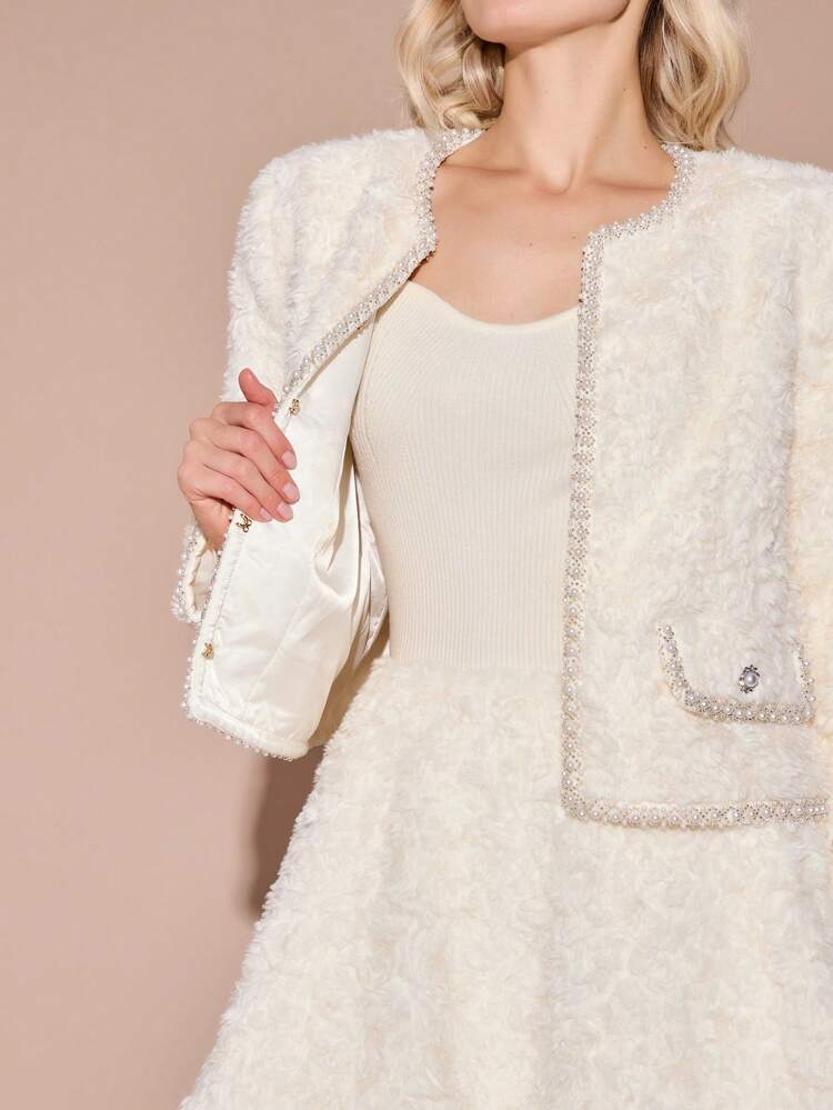 Women's Faux Pearl Decoration, Faux Long-Sleeved Short Jacket, Autumn And Winter Work Coat, Date Party, Wedding Holiday Wear, Christmas, Fall Winter