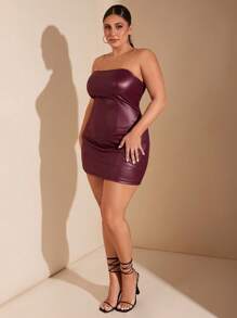 SHEIN BAE Robe moulante mini à plissés en PU de couleur unie pour femme grande taille