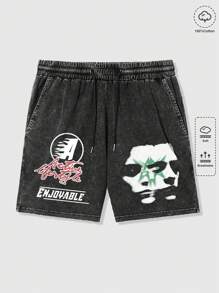 ROMWE MEN Street Life Men's Distressed Graphic Print Washed Shorts - Black - View 1