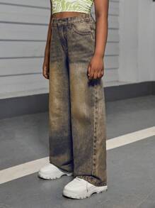 SHEIN Tween Girls' Y2k Washed Casual Retro Nostalgic Street Baggy Soft Wide Leg Jeans For Girls Summer - Dark Wash - View 3