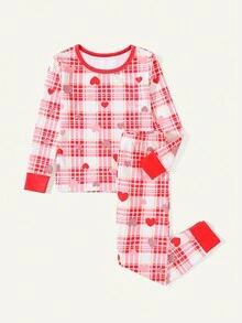 Bộ 2 món/Bộ đồ ngủ bó sát in họa tiết kẻ caro cho bé gái, Bộ quần dài tay cổ tròn thời trang, Quần áo ấm áp mặc ở nhà cho mùa thu đông, Giáng sinh - Đỏ - Xem 5