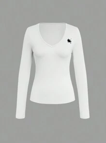 INAWLY Women's Casual Horse Print V-Neck Fitted Long Sleeve T-Shirt, Autumn Fall Cloth For Women