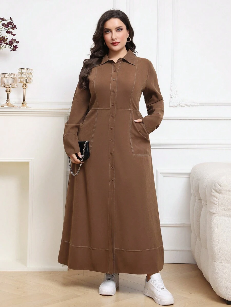 Mulvari 大码纯色前扣长袖口袋休闲长裙 - 棕色 - 查看 1