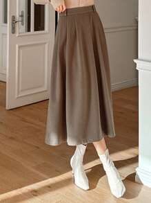 DAZY Casual Solid Color Pleated Mid-Length A-Line Skirt, Autumn