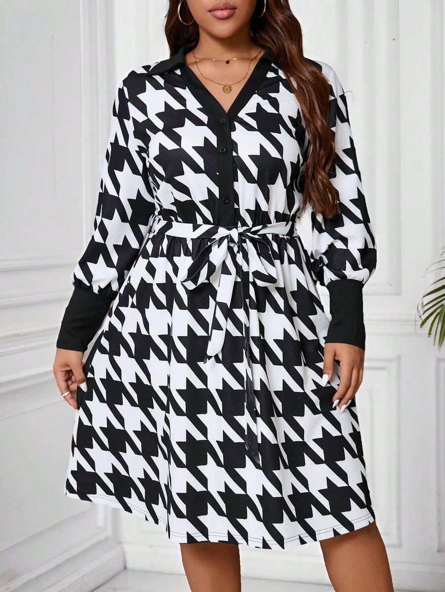 SHEIN LUNE Robe à manches longues pour femme, motif pied-de-poule, style décontracté et urbain, grande taille, noir et blanc - Noir et Blanc - Voir 1