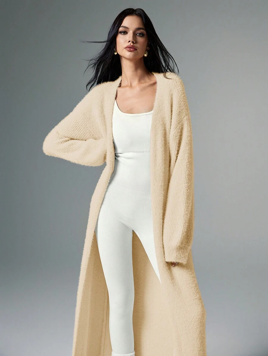 Poéselle 女士休闲纯色蓬松针织蝙蝠开衫，超大超长款 - 黃色 - 查看 1