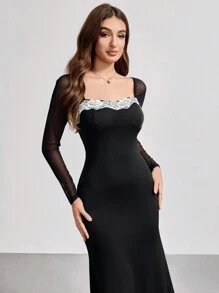 SHEIN Belle Elegante vestido de noche para mujer con mangas farol de malla, cuello cuadrado y bajo de cola de pez, vestido negro