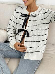 SHEIN Jersey de punto para maternidad, suéter de mujer de manga larga con cuello redondo, parches, moño y rayas para otoño e invierno