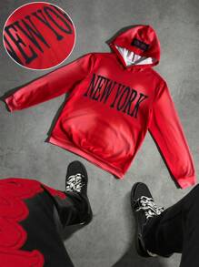 Manfinity Homme Sudadera con capucha informal de hombre con estampado de letras navideño - Rojo - Ver 5