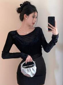 DAZY Camiseta de mujer de manga larga, cuello redondo, ajustada y de unicolor, estilo de moda, otoño transparente