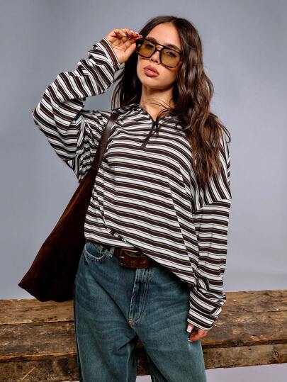 Athîral Áo nỉ dài tay hở vai kẻ sọc thường ngày cho nữ, thời tiết ấm áp mùa thu/đông, màu nâu