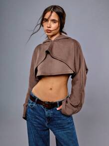 Athîral 女式简约纯色短款连帽衫，秋冬季秋季保暖防寒保暖套头衫 - 咖啡棕 - 查看 4