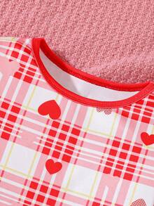 Bộ 2 món/Bộ đồ ngủ bó sát in họa tiết kẻ caro cho bé gái, Bộ quần dài tay cổ tròn thời trang, Quần áo ấm áp mặc ở nhà cho mùa thu đông, Giáng sinh - Đỏ - Xem 6