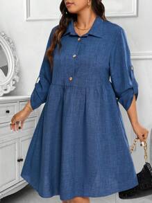 Calvaya Đầm sơ mi thường ngày cổ bẻ màu trơn cỡ lớn cho nữ, mùa xuân thu - Màu xanh lam - Xem 7