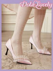 Dola Lovely Women High Heel Pumps Lolita Style Solid Pink Bow Floral Point Toe Slingback Dress Sandal Shoes - Pink - View 5