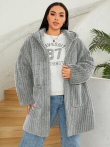 SHEIN EZwear 大码纯色长袖口袋简约连帽外套 - 淺灰色 - 查看 3