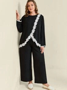 EMERY ROSE Bộ 2 món dành cho nữ cỡ lớn: Áo dài tay ren chắp vá nhung thanh lịch và quần - màu đen - Xem 4