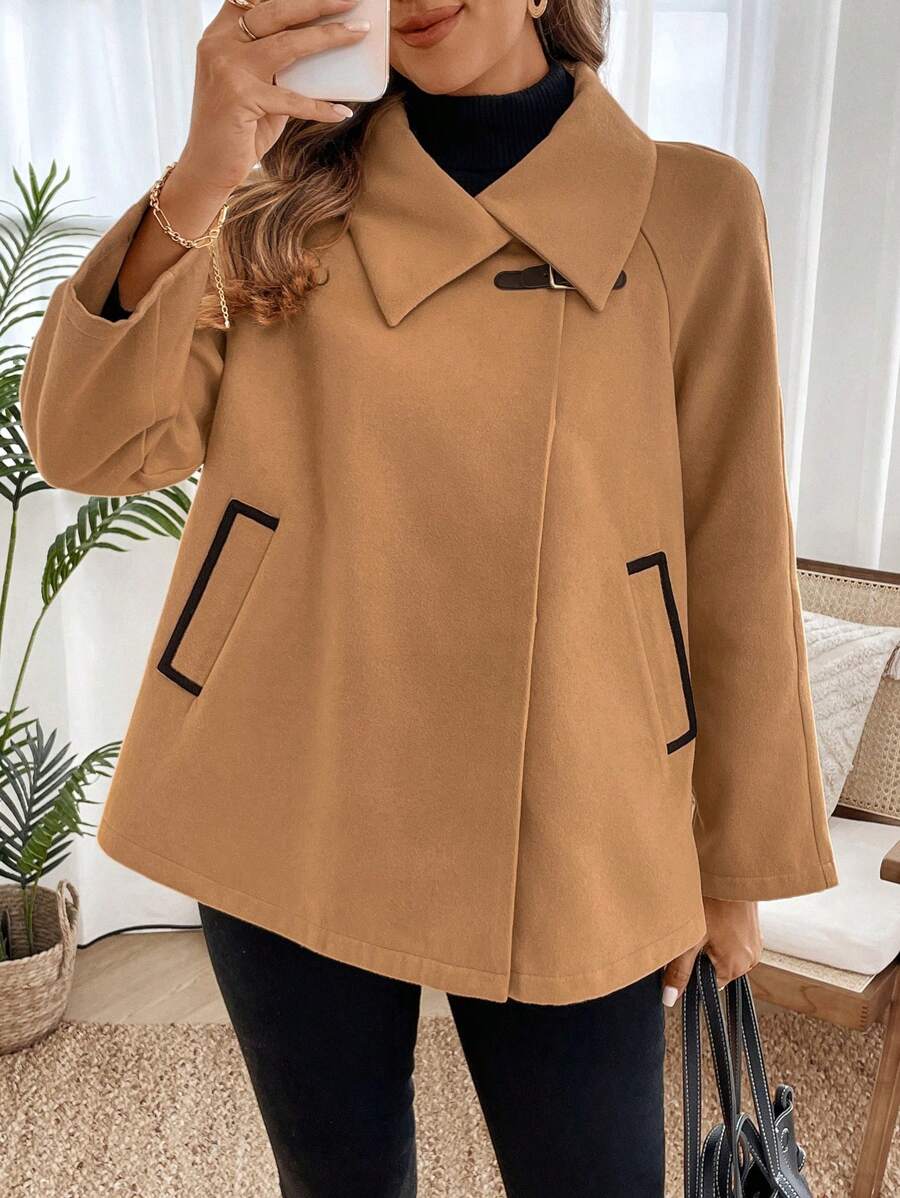 EMERY ROSE Women's Casual Solid Color Raglan Sleeve Jacket, Autumn/Winter - Coffee Brown - View 1