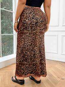 SHEIN Tall CURVE Plus Size Leopard Print Long Elegant Skirt - Brown - View 2