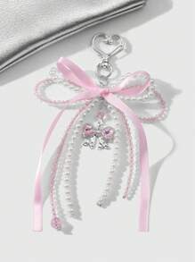 ROMWE Kawaii 1 pièce Élégant Casual fait main Perle blanche en cristal perle rose ruban nœud papillon ailes cœur pendentif porte-clés et porte-clés, convient pour les femmes, port quotidien ou cadeaux de la Saint-Valentin