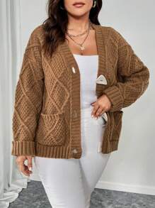 Celure Cárdigan informal de talla grande para mujer de color liso con bolsillos dobles, otoño/invierno