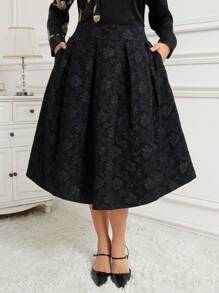 SHEIN Clasi Plus Size Dam Elegant enfärgad Jacquard Slant Pocket Vik plisserad kjol - Svart - Visa 3