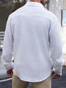 Manfinity Mode 大码男士休闲纯色长袖衬衫，适合秋季穿着 - 白色 - 查看 2