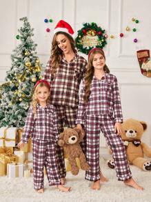 SHEIN Young Girl Christmas White,Autumn,Night Plaid Pattern Fleece Pajama Set,2 Pieces Mommy And Me Matching Outfits Button Down Shirt & Straight Leg Pants - Red and White - View 1