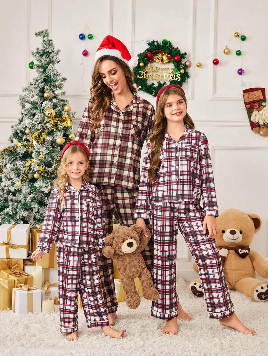 SHEIN Young Girl Christmas White,Autumn,Night Plaid Pattern Fleece Pajama Set,2 Pieces Mommy And Me Matching Outfits Button Down Shirt & Straight Leg Pants - Red and White - View 1
