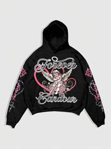 ROMWE MEN Street Life Men's Loose Fit Double Layer Hoodie Sweatshirt With Pattern, Autumn/Winter - Black - View 1