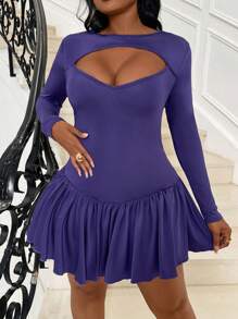 Maweii Vestido de manga larga con cuello redondo, diseño calado y volante en el bajo, talla grande y unicolor