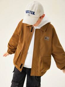 SHEIN Áo khoác lót nhiệt cổ rộng thoải mái cho bé trai tuổi mới lớn - màu nâu - Xem 5