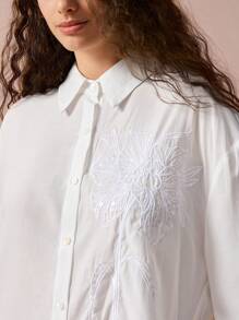 Enchnt Chemise décontractée à manches longues à épaules tombantes, à simple boutonnage, en jacquard fleuri pour femmes, automne - Blanc - Voir 7