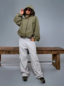 Athîral Women Casual Street Style Plain Color Flap Pocket Loose Straight Leg Utility Pants Warm Cold Weather Thermal Fall/Winter - Cream - View 1