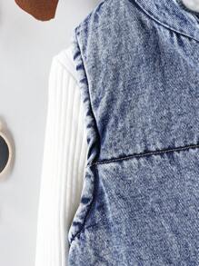 SHEIN 青少年女孩秋冬休闲立领一件式拉链无袖石洗加绒加厚牛仔背心夹克棉服外套