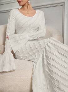 Modelyn 1pc Women Knitted Texture Long Bell Sleeve Fitted Mermaid Hem Dress Long Evening Dresses - White - View 8