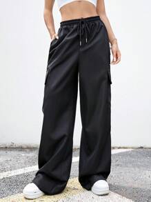 Manfinity VCAY Unisex Woven High Waist Multi Pockets Drawstring Cargo Pants - Black - View 3