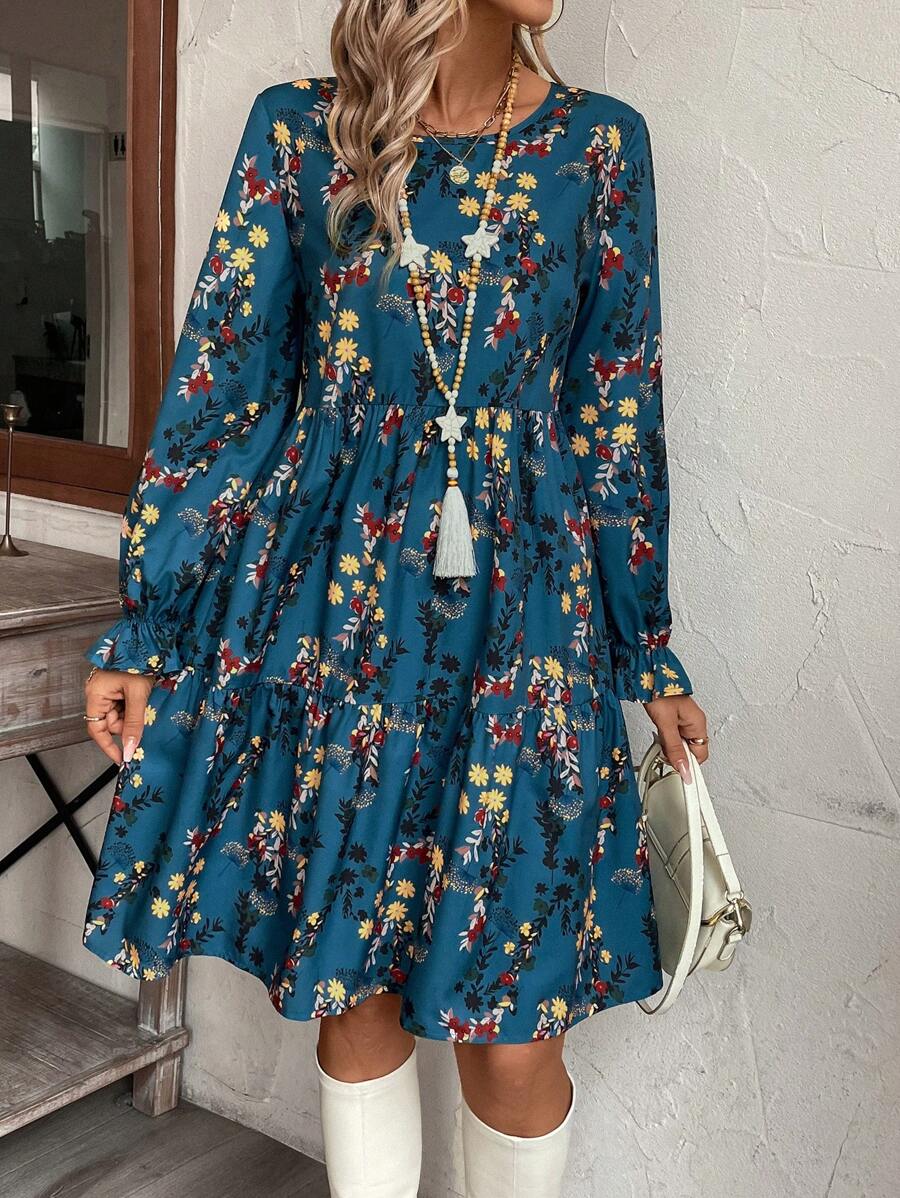 EMERY ROSE 女士花卉印花圆领喇叭袖荷叶边下摆优雅度假连衣裙,秋季波西米亚风连衣裙女式蓝色花卉连衣裙女式波西米亚风连衣裙 - 彩色 - 查看 1