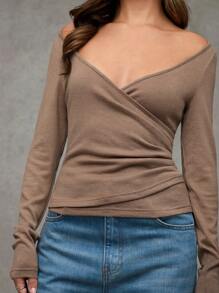 SHEIN BAE T-shirt décontracté simple pour femmes en cachemire beige confortable et sexy col en V à manches longues, pour une utilisation quotidienne et des sorties décontractées