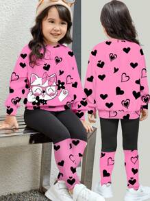 SHEIN 可爱猫咪和花朵印花，女婴柔软针织加厚圆领长袖运动衫和紧身裤套装，适合秋冬季 - 彩色 - 查看 1