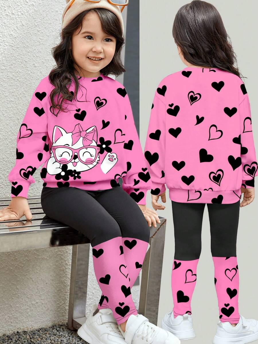 SHEIN 可爱猫咪和花朵印花，女婴柔软针织加厚圆领长袖运动衫和紧身裤套装，适合秋冬季 - 彩色 - 查看 1