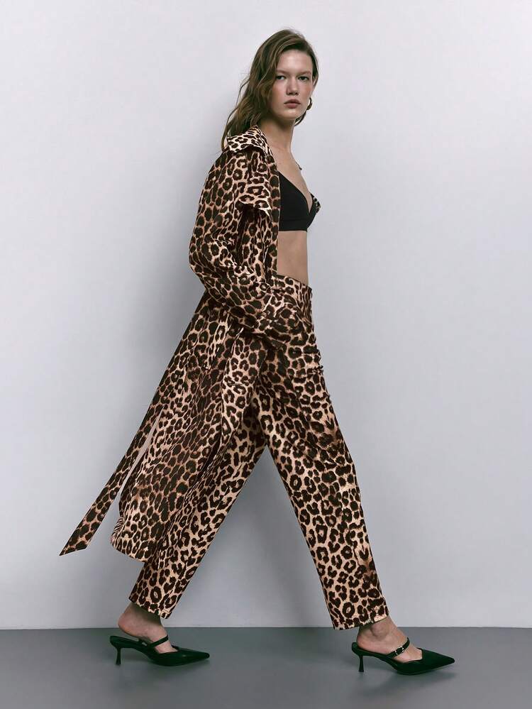 SHEIN Maija Women's Brown Leopard Print Straight Leg Casual Pants With Pockets, Suitable For Autumn/Winter