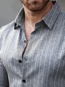 Manfinity CasualCool Plus Size Men's Casual Striped Long Sleeve Shirt, Autumn, Going Out, For Fall - Multicolor - View 6