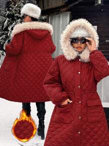 Calvaya 加大码纽扣拉链抽绳连帽加厚棉服外套冬季 - 紅色 - 查看 1