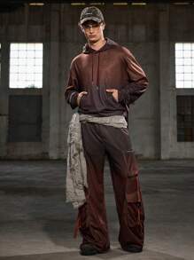 Manfinity VCAY 2pcs Men's Casual Knitted Loose Fit Hooded Long Sleeve Sweatshirt & Elastic Waist Straight Leg Pants Set, For Fall Winter - Burgundy - View 5