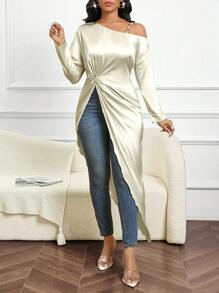 SHEIN Lady Apricot Gorgeous Satin Shirt Metallic Decoration Asymmetric One Sleeve Shirt Twist Design Women's Shirt Long Sleeve Shirt Fall Women Tops - Red and White - View 5