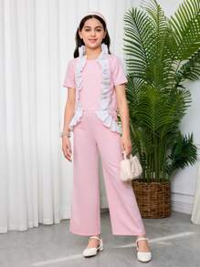 SHEIN 2pcs Tween Girls Casual Contrast Color Ruffle Collar Shirt & Ruffle Hem Pants Set