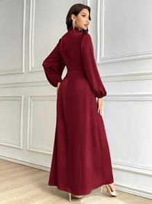 Modelyn Women Solid Color Stand Collar Ruffle Trim Elegant Long Sleeve Dress Long Evening Dresses