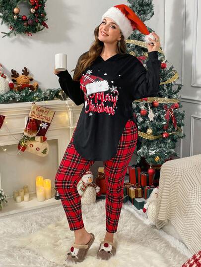 SHEIN Essnce Plus Size Fall Women Outfits Cold Weather Clothes Thanksgiving Women Outfit Winter Women Winter Set Christmas Sweatshirt Christmas Pants Christmas Outfits Christmas Family Hoodie Set Women Hoodies Women's Fashionable Casual Black Santa Claus Print Hooded T-Shirt And Tight Red Plaid Leggings 2 Pieces Set